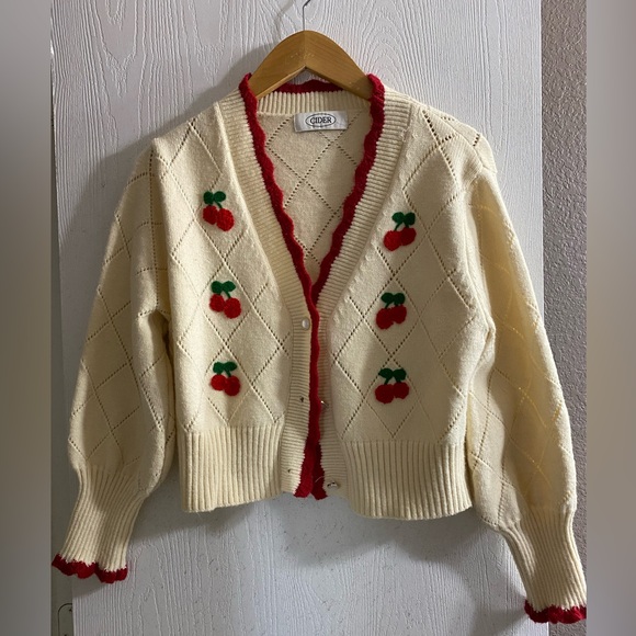 Cider Sweaters - CIDER Cream Red Cherry Decorated Button-Up Sweater Cardigan Women Sz M